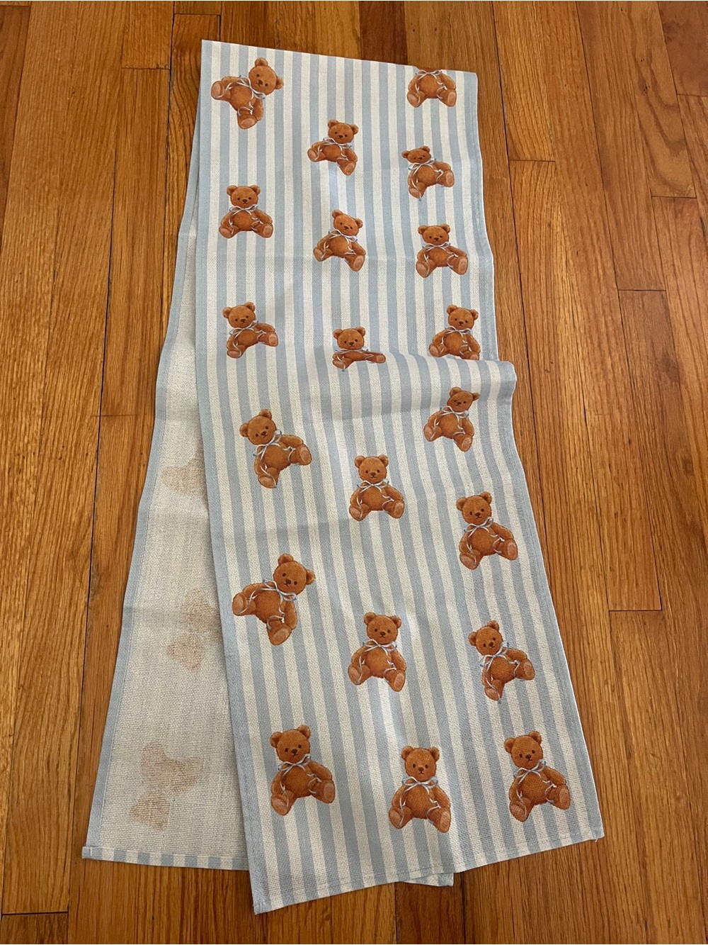 Teddy Bears table runner boy baby shower we can nearly wait blue stripes decor